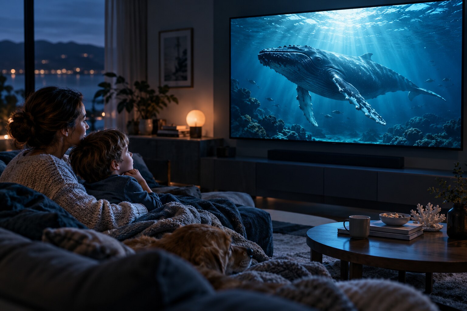 Parent and child watching an ocean wildlife documentary together