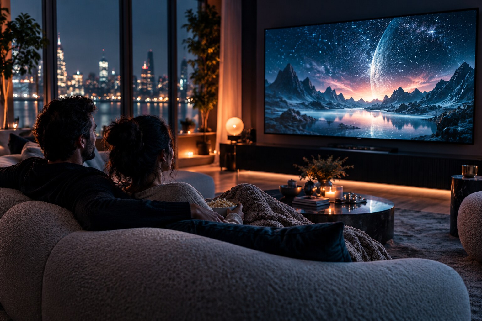 Couple enjoying an original cinematic science-fiction scene at home