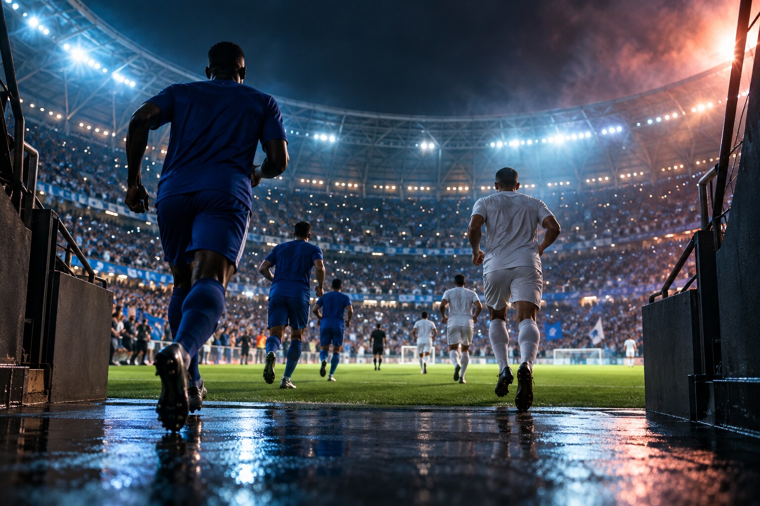 Football players entering a floodlit stadium before a live match