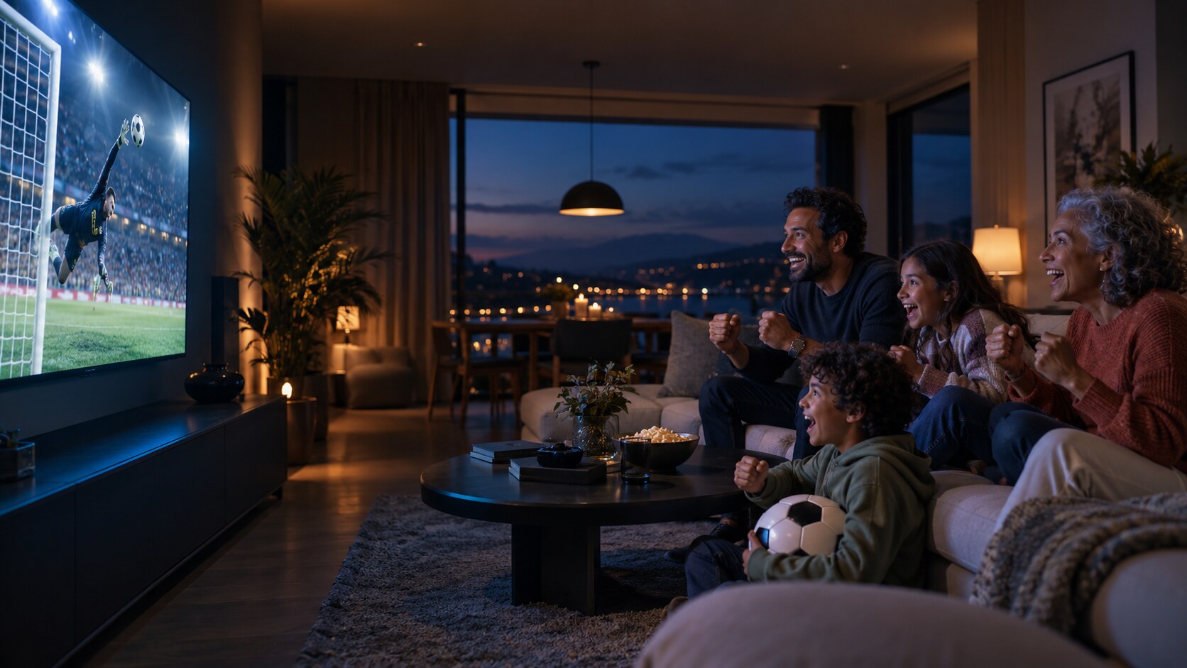 Family sharing an exciting live football match in a modern living room
