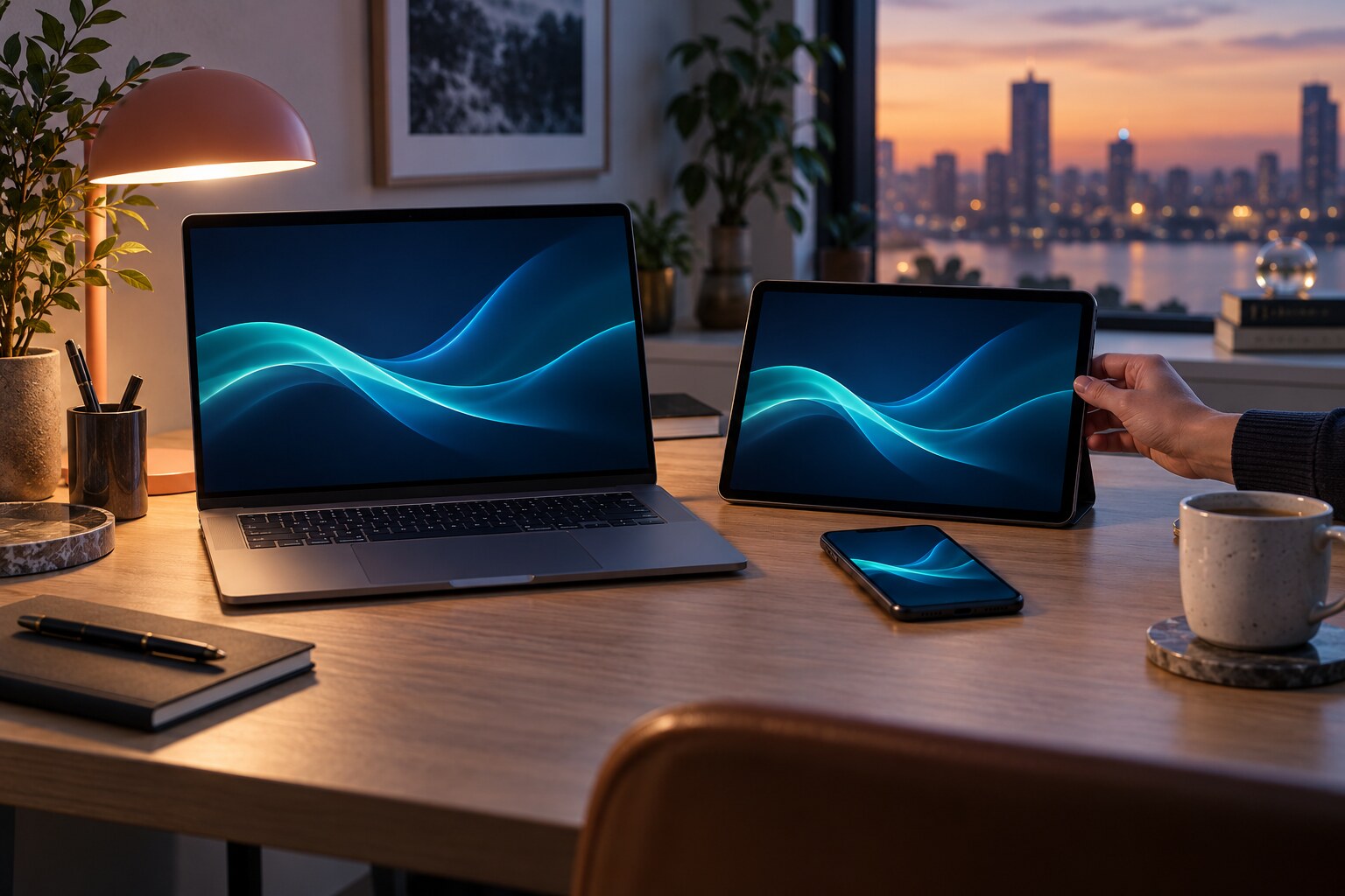 Laptop, tablet and mobile phone ready for television setup
