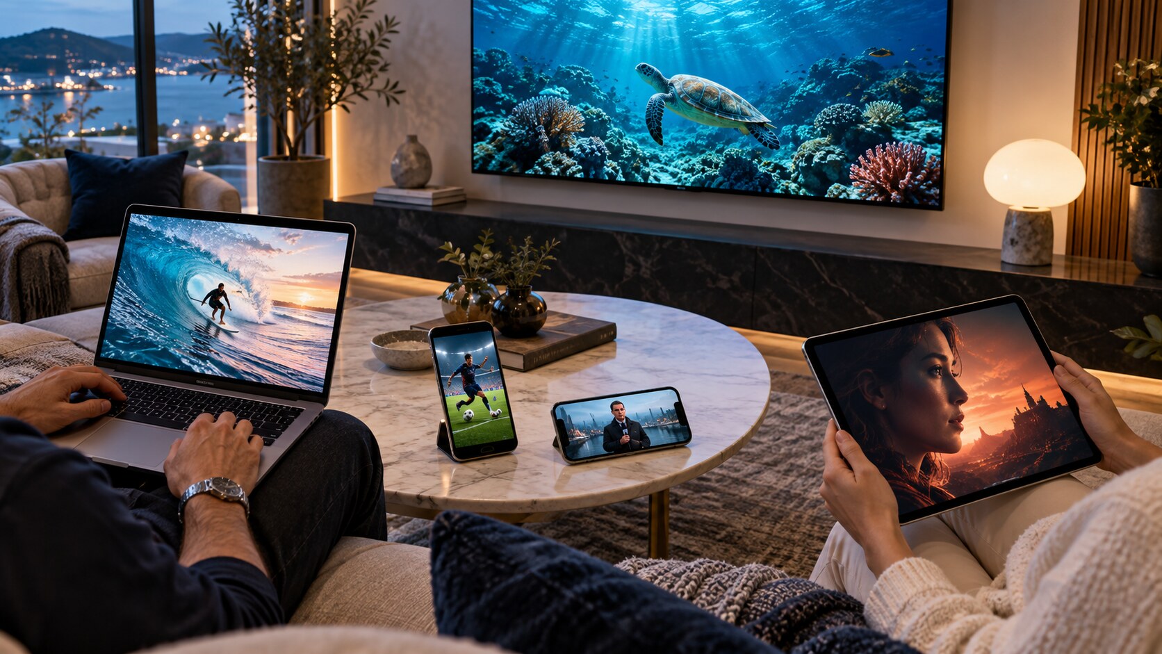 Five screens showing different programmes in one connected home