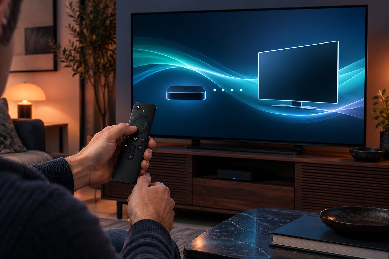 Television setup with a remote control and on-screen guidance